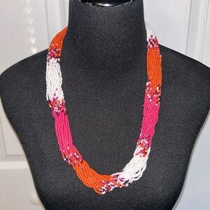 Ladies Multicolor Beaded Necklace with Multiple Strands Orange, Pink & White